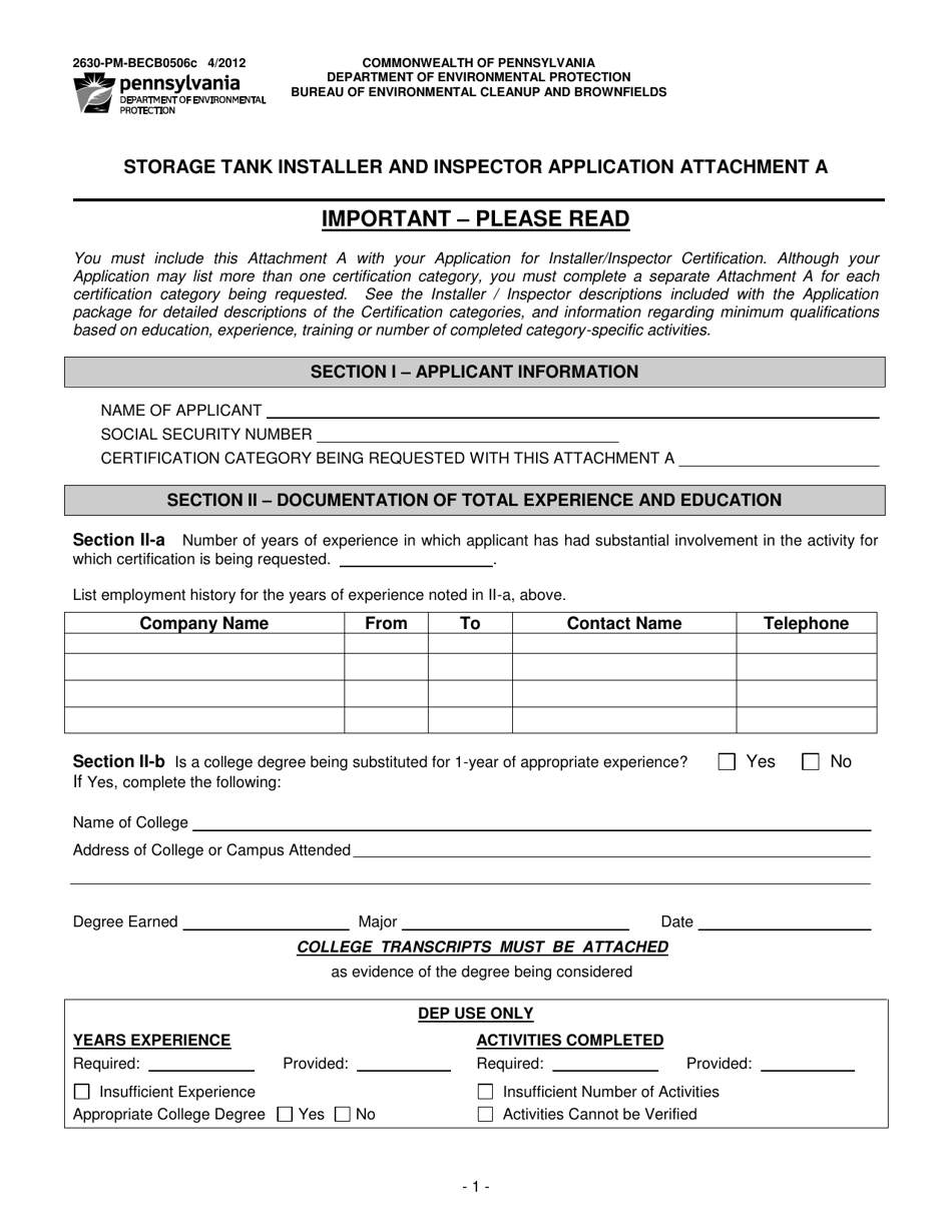 Form 2630-PM-BECB0506C Attachment A Storage Tank Installer and Inspector Application - Pennsylvania, Page 1
