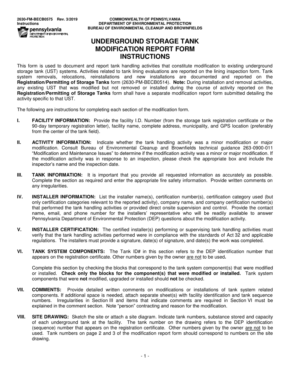 Instructions for Form 2630-FM-BECB0575 Underground Storage Tank Modification Report Form - Pennsylvania, Page 1