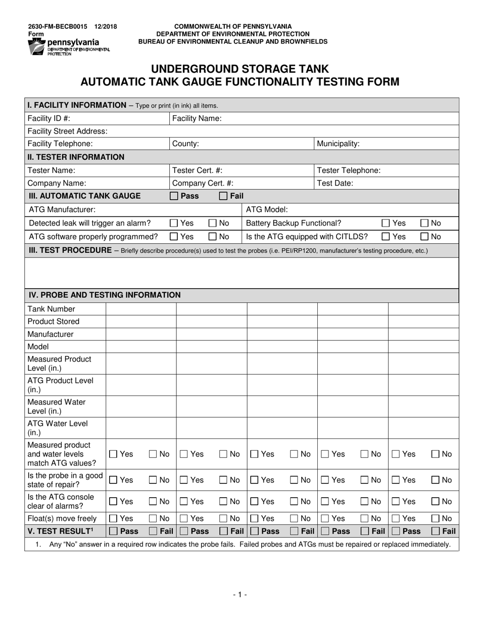 Form 2630-FM-BECB0015 Underground Storage Tank Automatic Tank Gauge Functionality Testing Form - Pennsylvania, Page 1