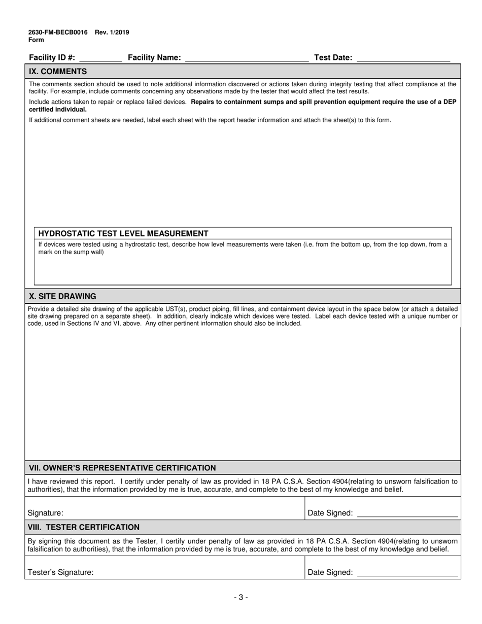 Form 2630-FM-BECB0016 Underground Storage Tank Spill Prevention Equipment / Containment Sump Integrity Testing Form - Pennsylvania, Page 3