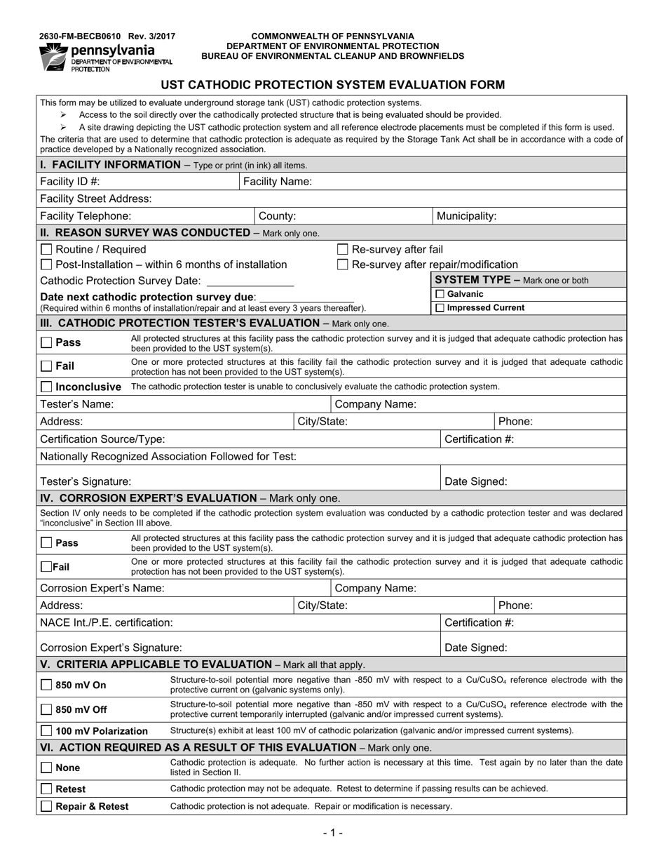 Form 2630-FM-BECB0610 Ust Cathodic Protection System Evaluation Form - Pennsylvania, Page 1