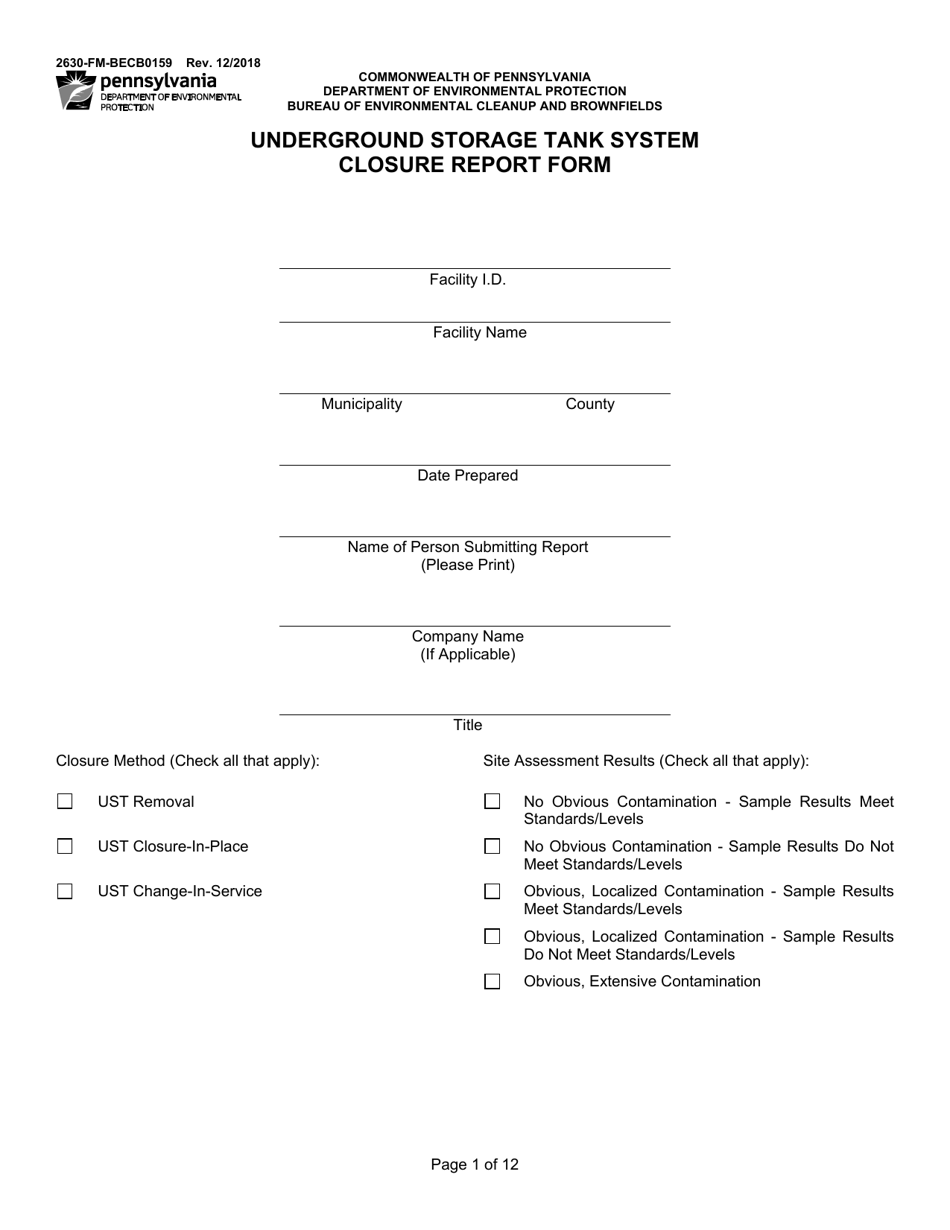 Form 2630-FM-BECB0159 Underground Storage Tank System Closure Report Form - Pennsylvania, Page 1