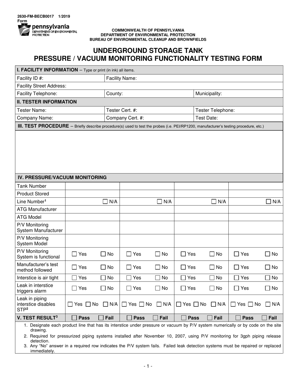 Form 2630-FM-BECB0017 Underground Storage Tank Pressure / Vacuum Monitoring Functionality Testing Form - Pennsylvania, Page 1