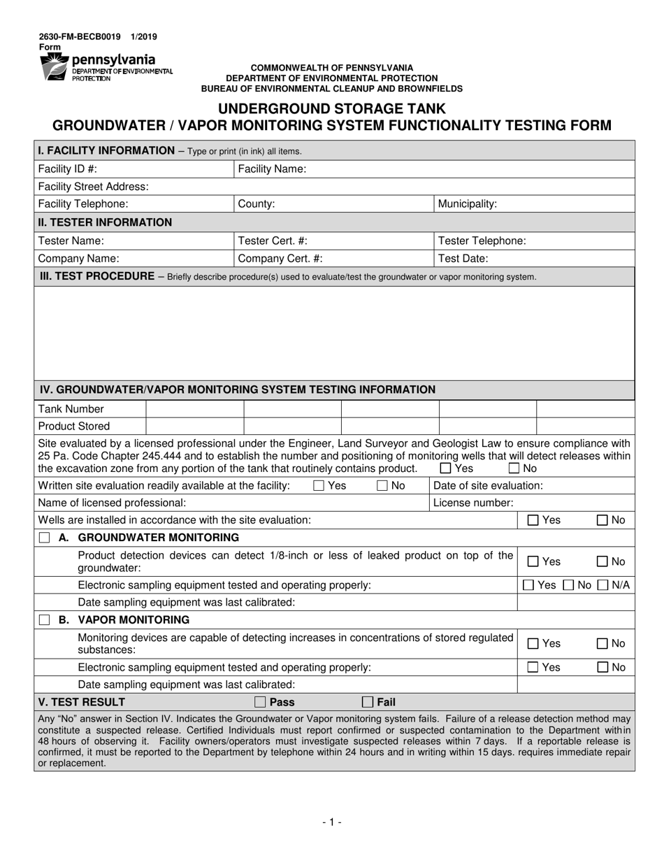 Form 2630-FM-BECB0019 Underground Storage Tank Groundwater / Vapor Monitoring System Functionality Testing Form - Pennsylvania, Page 1