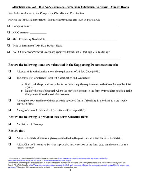 Affordable Care Act - ACA Compliance Form Filing Submission Worksheet " Student Health - Pennsylvania Download Pdf