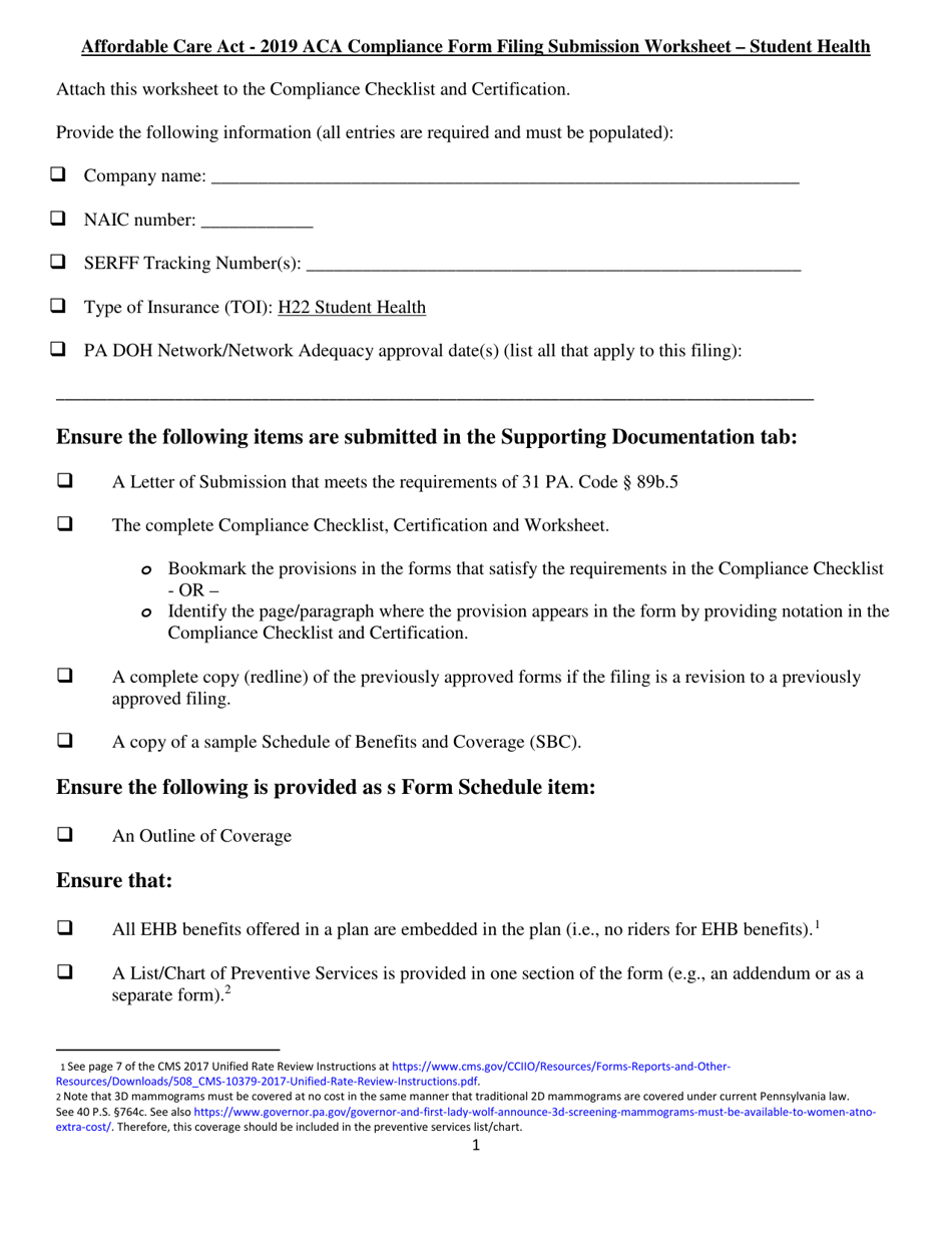 5 Pennsylvania  Affordable Care Act - ACA Compliance Form Filing Pertaining To  Affordable Care Act Worksheet