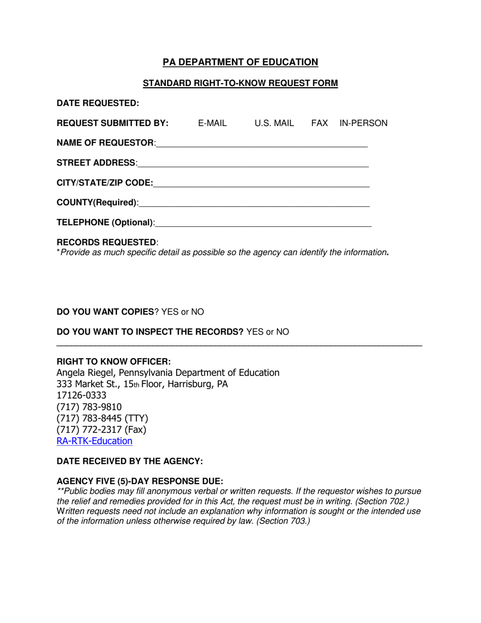 Standard Right-To-Know Request Form - Pennsylvania, Page 1
