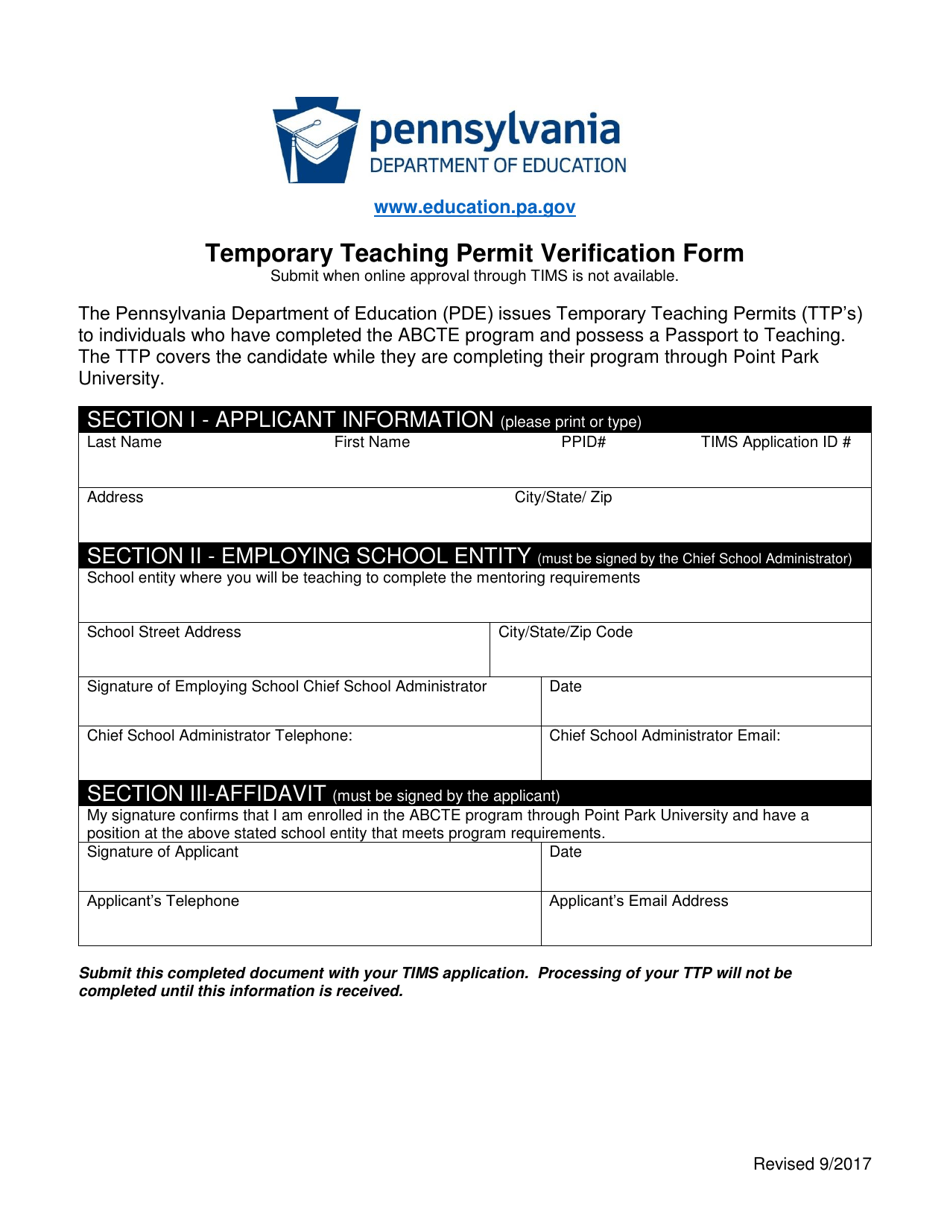 Temporary Teaching Permit Verification Form - Pennsylvania, Page 1