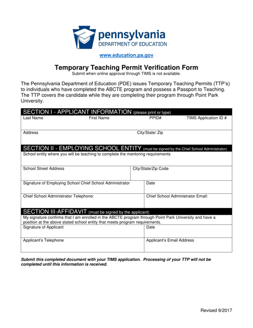 Temporary Teaching Permit Verification Form - Pennsylvania