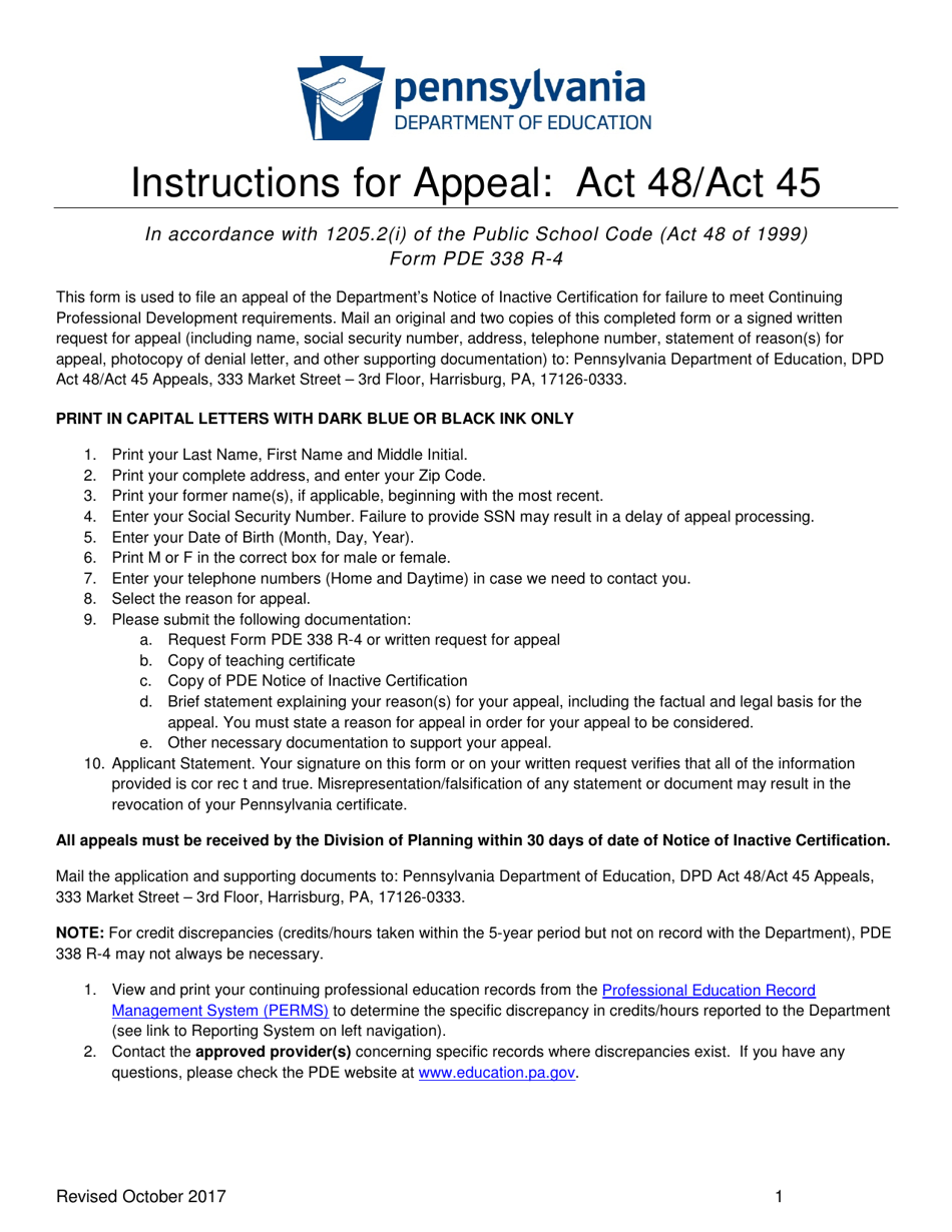 Form PDE338 R-4 Request for Appeal: Act 48 / Act 45 - Pennsylvania, Page 1