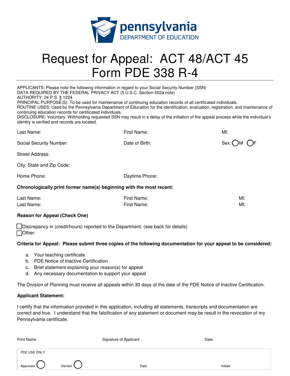Form PDE338 R-4 Request for Appeal: Act 48 / Act 45 - Pennsylvania, Page 2