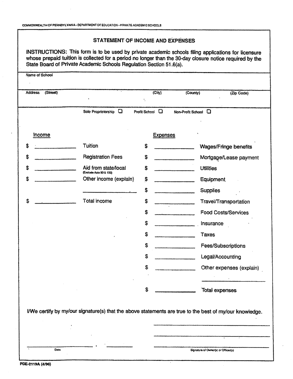 Form PDE-2119A Statement of Income and Expenses - Pennsylvania, Page 1
