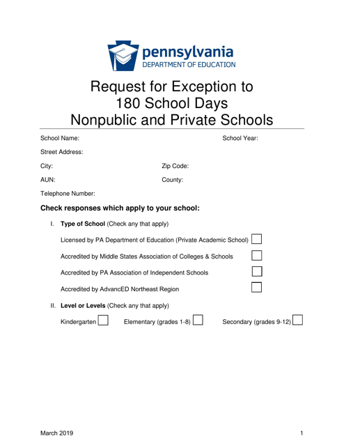 Request for Exception to 180 School Days Nonpublic and Private Schools - Pennsylvania Download Pdf