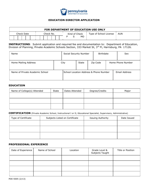 Form PDE-5005 Education Director Application - Pennsylvania