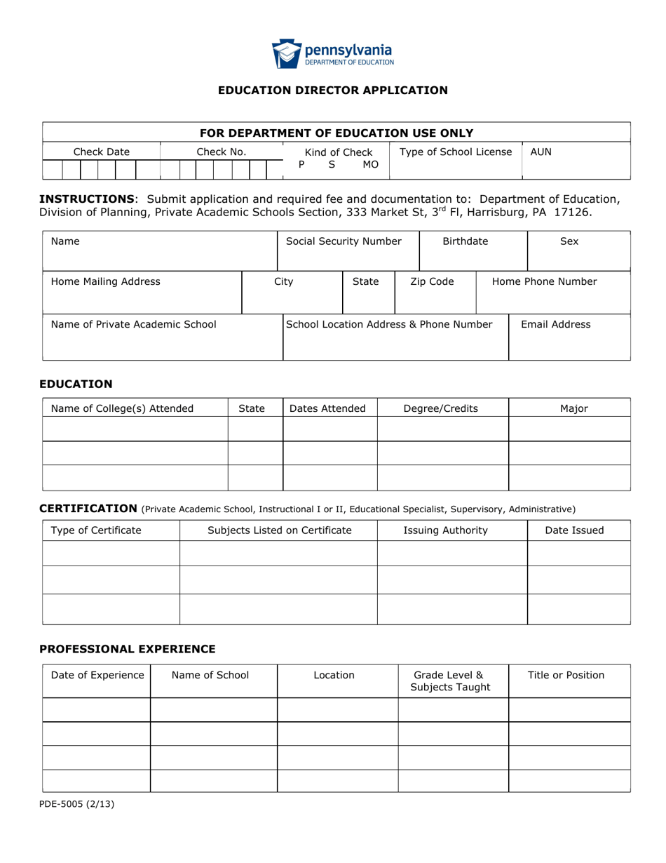 Form PDE-5005 Education Director Application - Pennsylvania, Page 1
