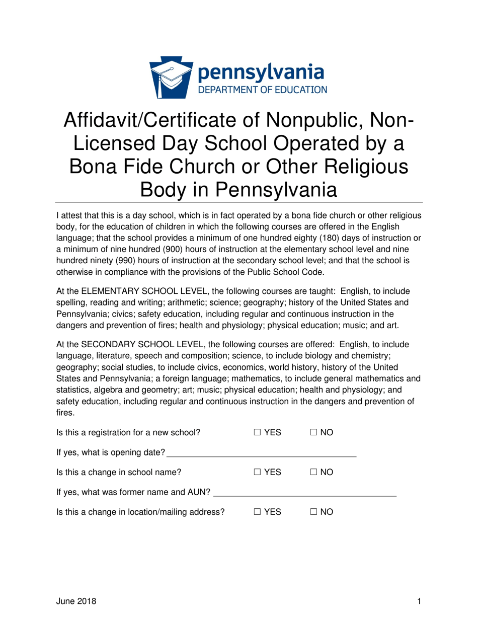 Affidavit / Certificate of Nonpublic, Nonlicensed Day School Operated by a Bona Fide Church or Other Religious Body in Pennsylvania - Pennsylvania, Page 1