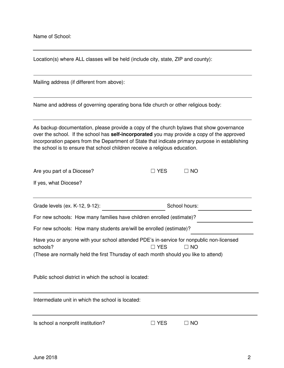 Affidavit / Certificate of Nonpublic, Nonlicensed Day School Operated by a Bona Fide Church or Other Religious Body in Pennsylvania - Pennsylvania, Page 2