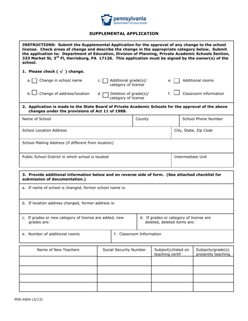 Form PDE-4004 Supplemental Application - Pennsylvania