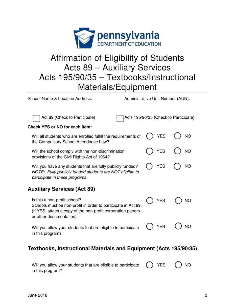 Affirmation of Eligibility of Students Acts 89 - Auxiliary Services Acts 195 / 90 / 35 - Textbooks / Instructional Materials / Equipment - Pennsylvania, Page 3