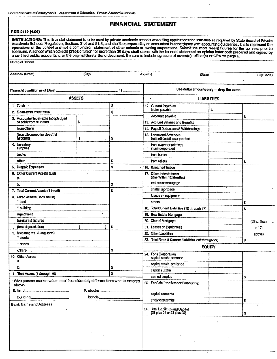 Form PDE-2119 Private Academic School Financial Statement - Pennsylvania, Page 1