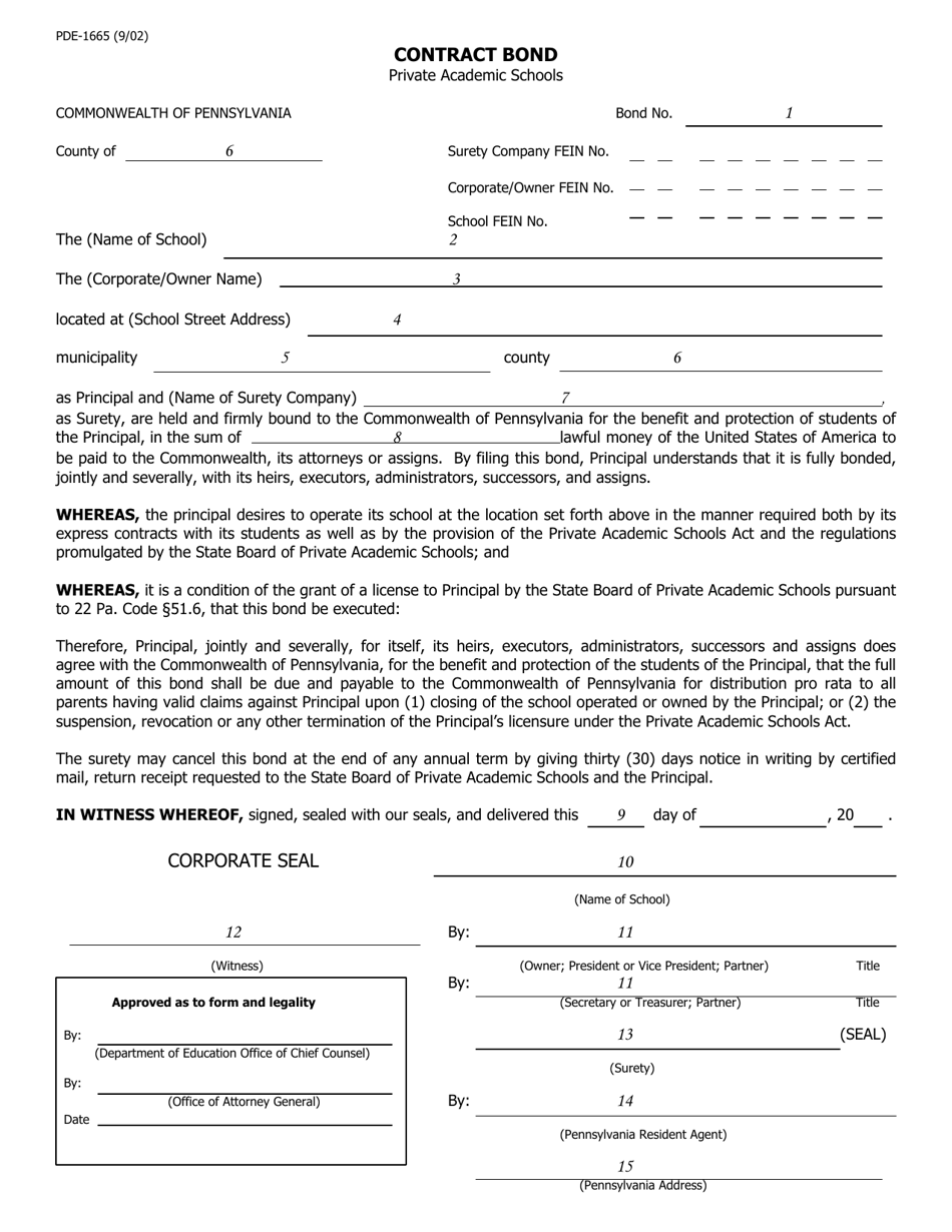 Form PDE-1665 Contract Bond - Pennsylvania, Page 1