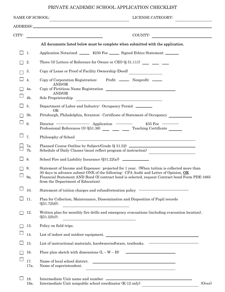 Form PDE-1638 Private Academic School Application Checklist - Pennsylvania, Page 1