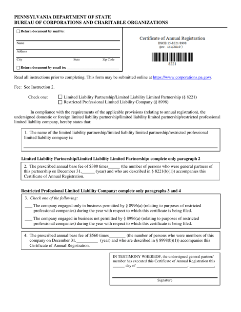 Form DSCB:15-8221/8998  Printable Pdf