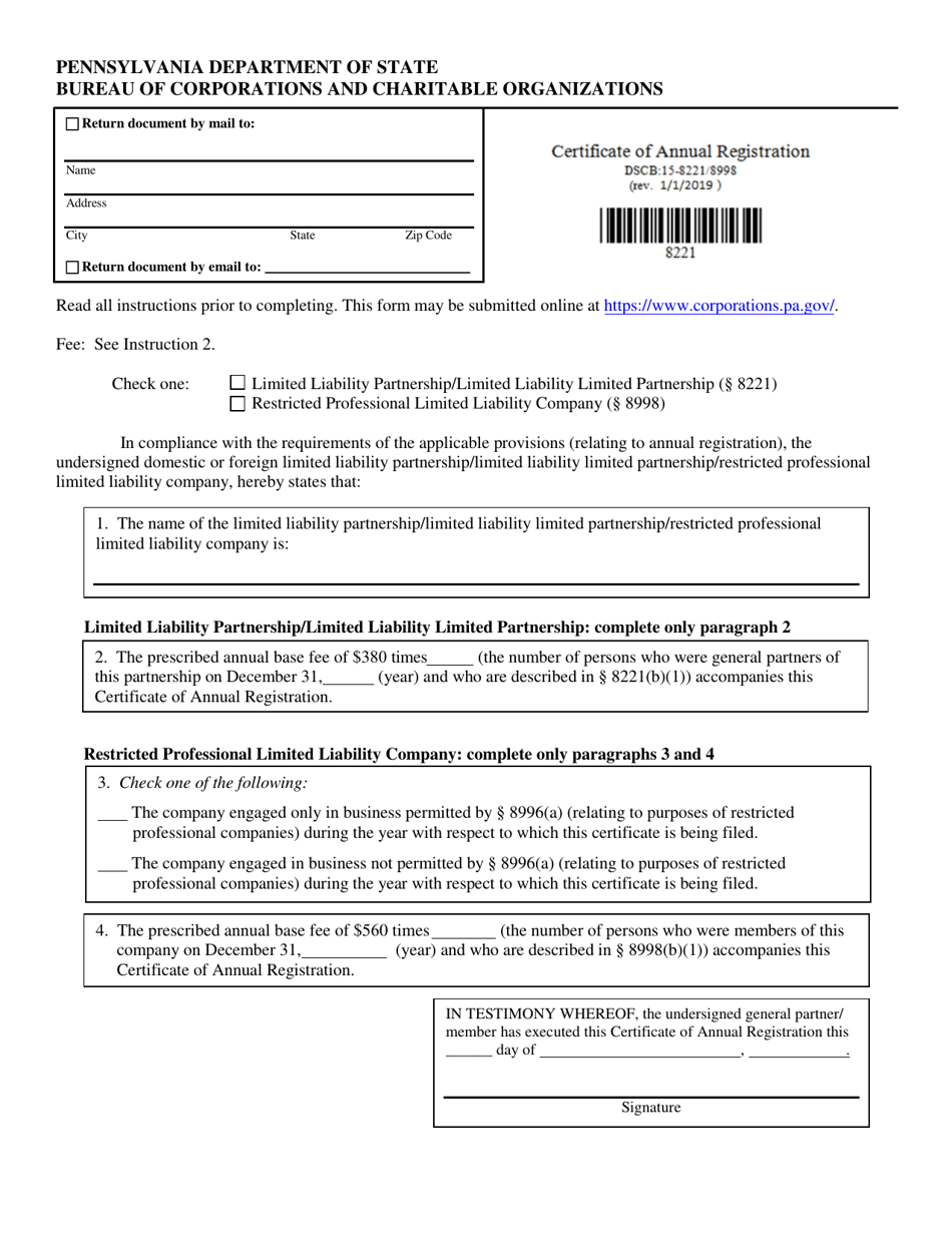 Form DSCB:15-8221 / 8998 Annual Registration - Restricted Professional Limited Liability Company - Pennsylvania, Page 1