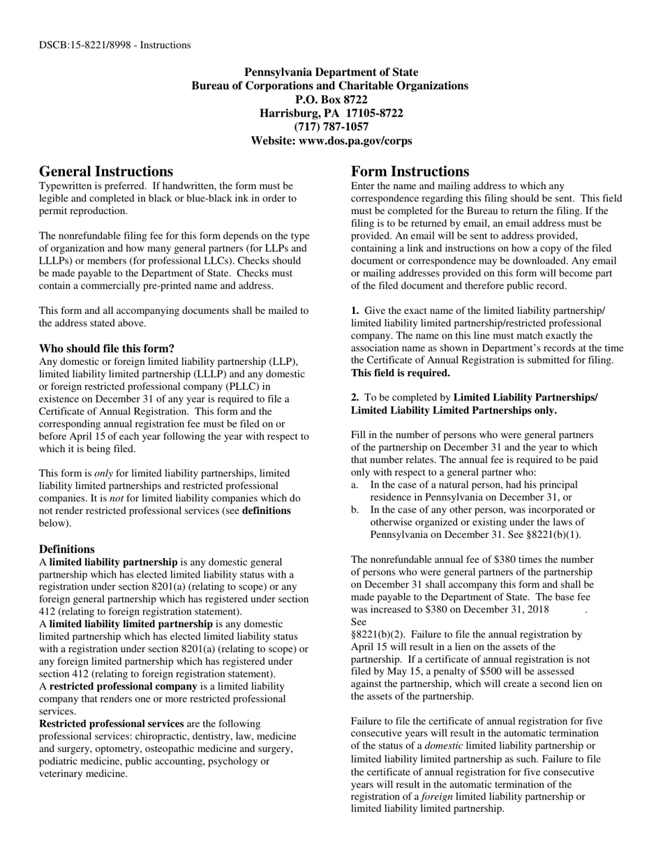 Form DSCB:15-8221 / 8998 Annual Registration - Restricted Professional Limited Liability Company - Pennsylvania, Page 2