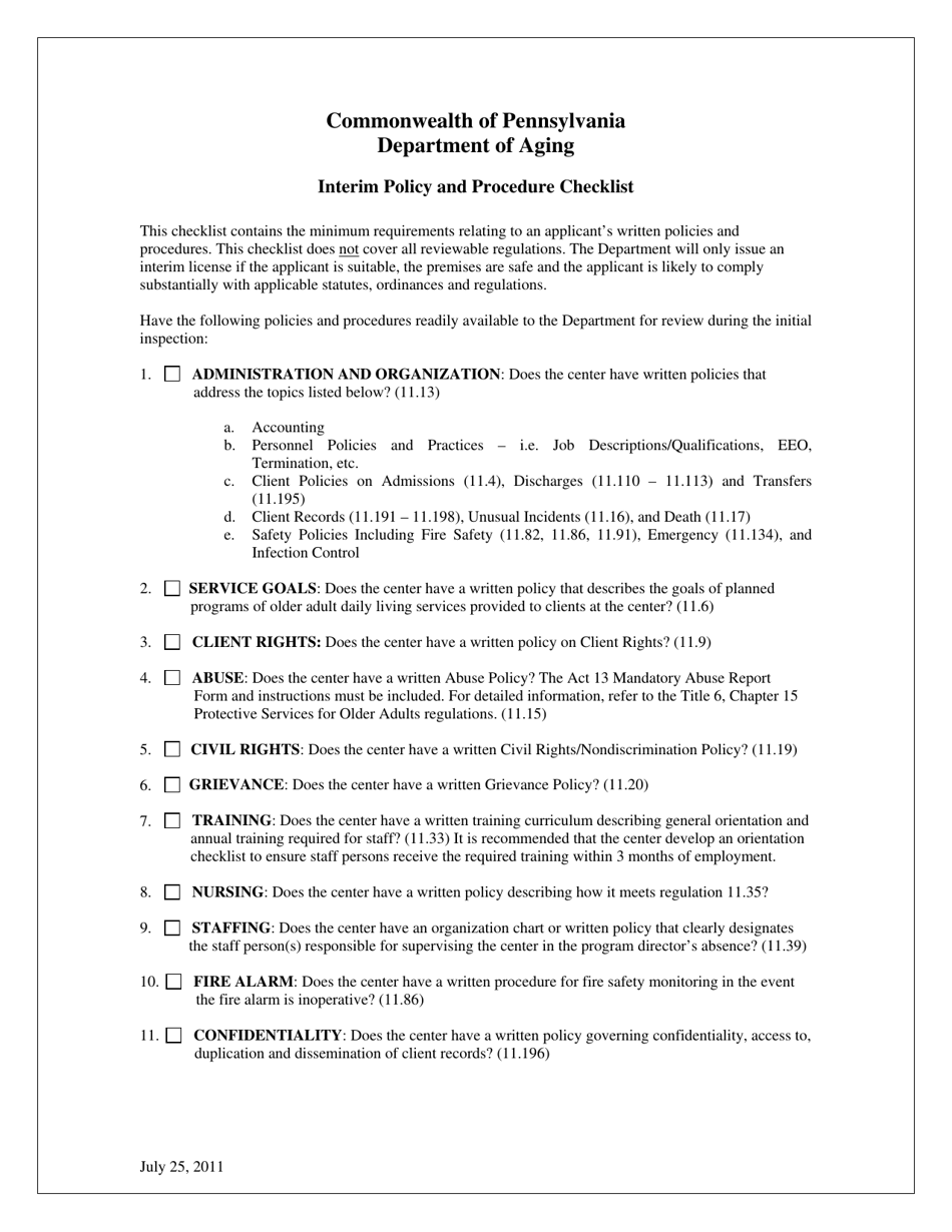 Interim Policy and Procedure Checklist - Pennsylvania, Page 1