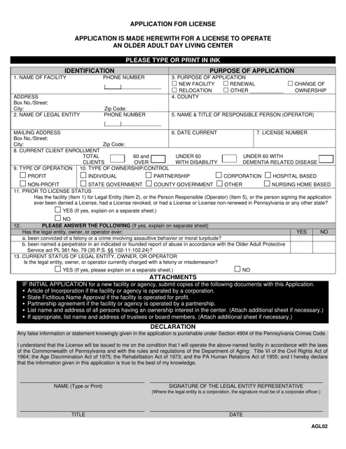 Form AGL02 Application for License - Pennsylvania