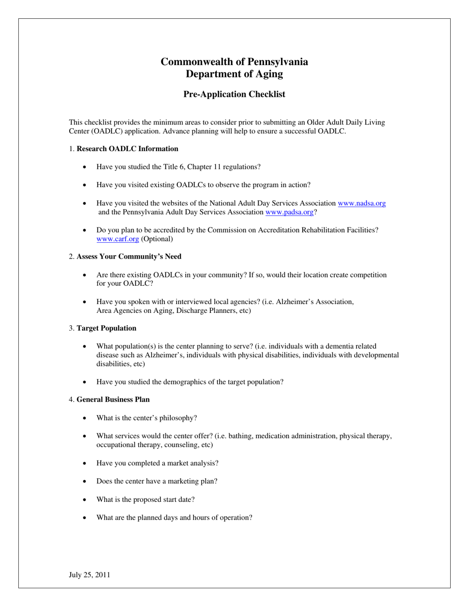 Pre-application Checklist - Pennsylvania, Page 1