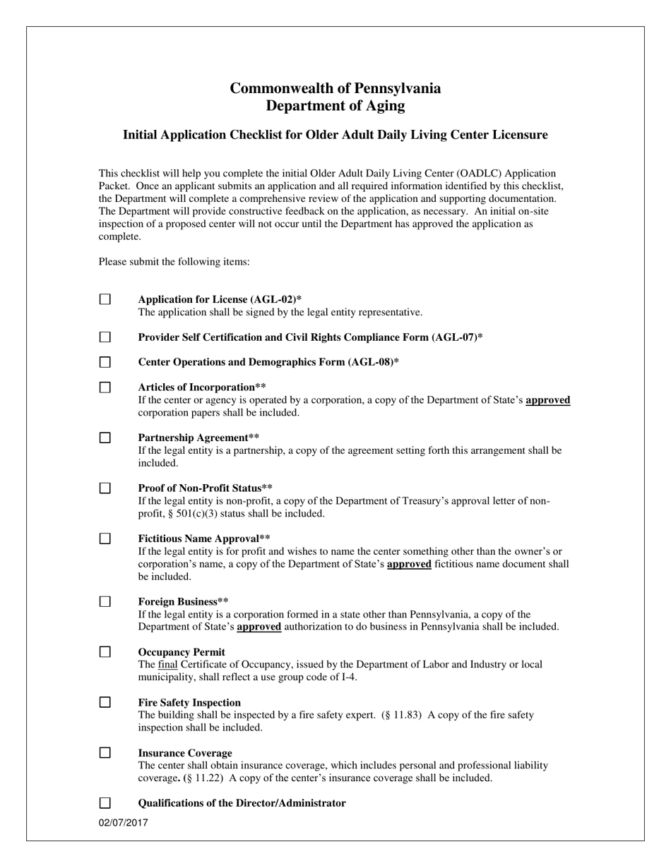 Initial Application Checklist for Older Adult Daily Living Center Licensure - Pennsylvania, Page 1