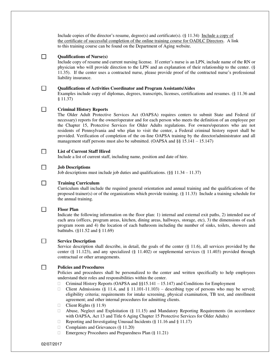 Initial Application Checklist for Older Adult Daily Living Center Licensure - Pennsylvania, Page 2