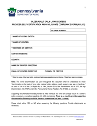 Document preview: Form AGL-07 Older Adult Daily Living Centers Provider Self-certification and Civil Rights Compliance Form - Pennsylvania