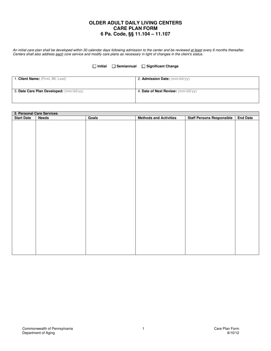Older Adult Daily Living Centers Care Plan Form - Pennsylvania, Page 1