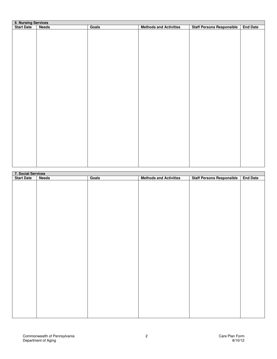 Older Adult Daily Living Centers Care Plan Form - Pennsylvania, Page 2