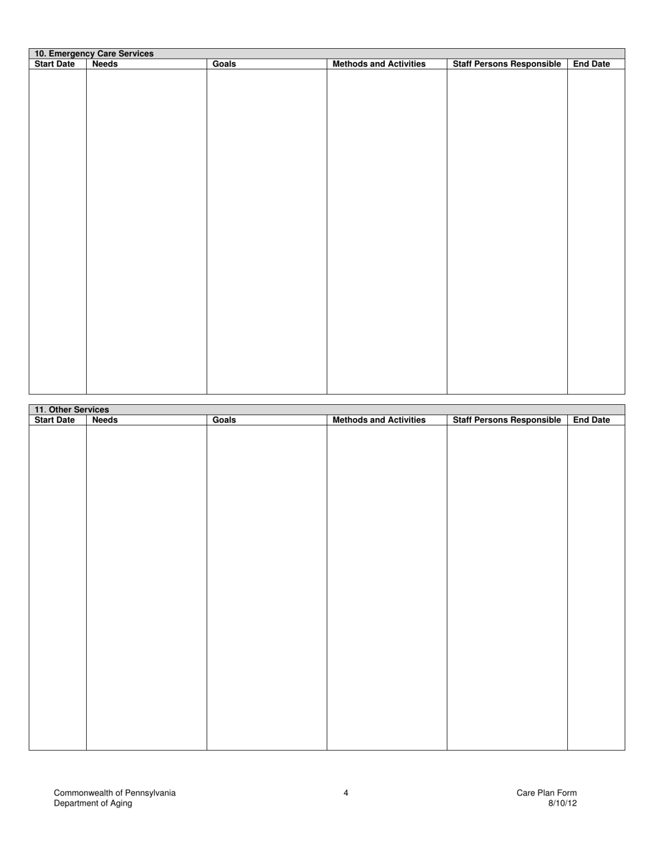 Older Adult Daily Living Centers Care Plan Form - Pennsylvania, Page 4