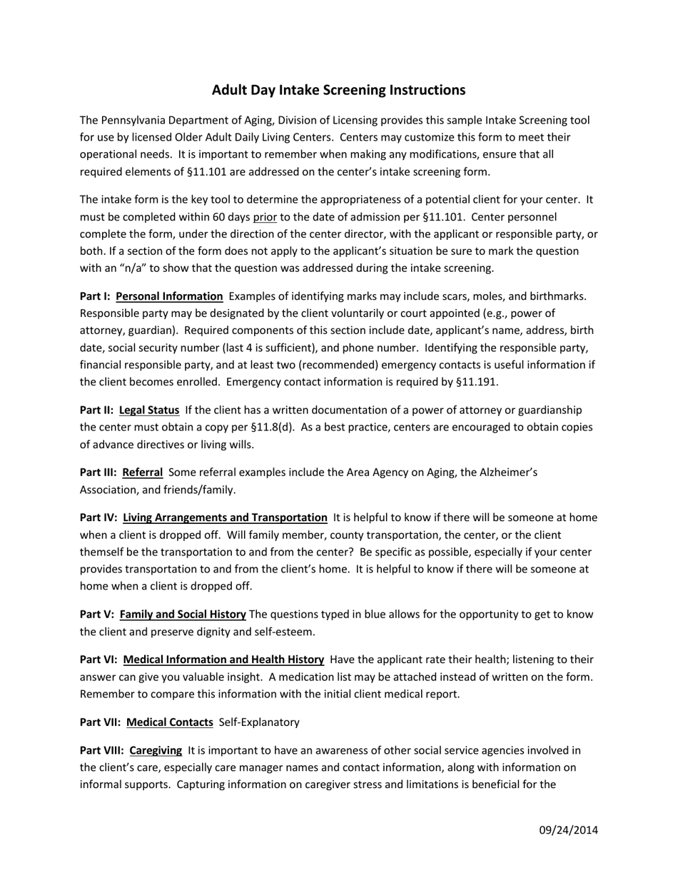 Instructions for Adult Day Intake Screening - Pennsylvania, Page 1