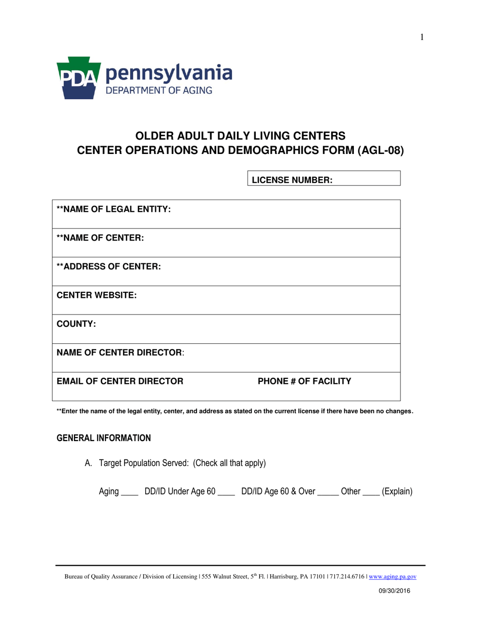 Form AGL-08 Older Adult Daily Living Center Operations and Demographics Form - Pennsylvania, Page 1