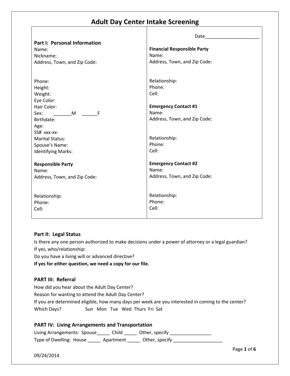 Adult Day Center Intake Screening Form - Pennsylvania, Page 1