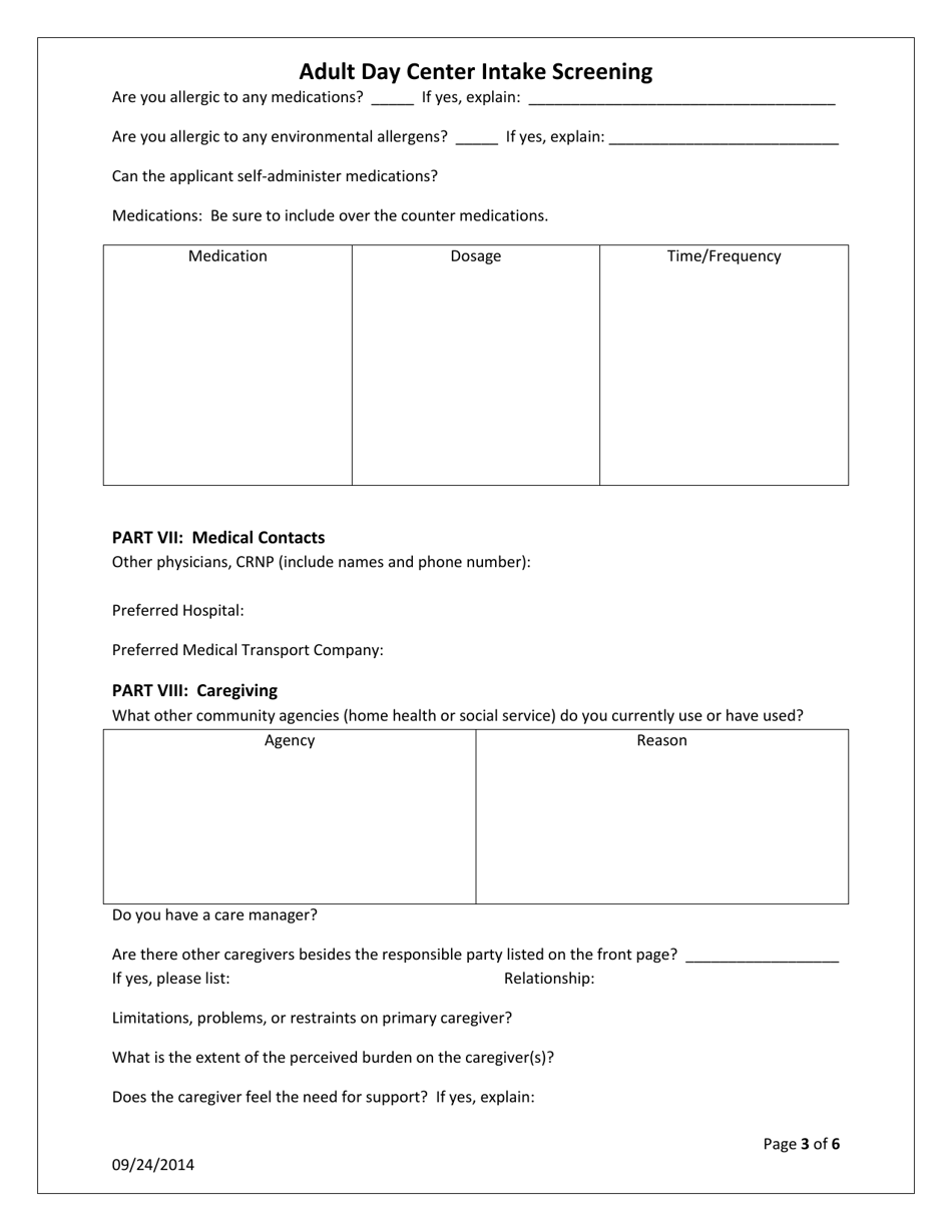 Adult Day Center Intake Screening Form - Pennsylvania, Page 3