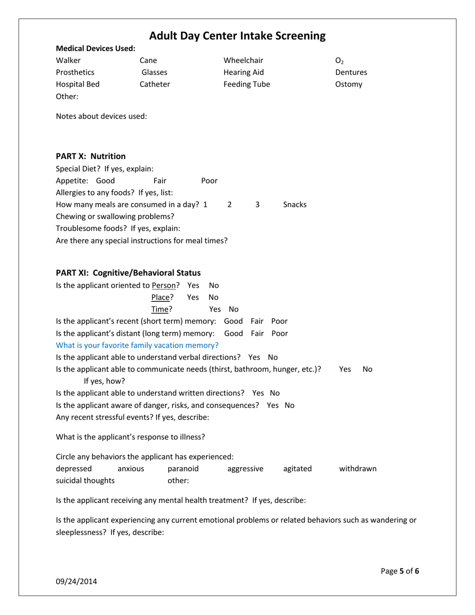 Adult Day Center Intake Screening Form - Pennsylvania, Page 5