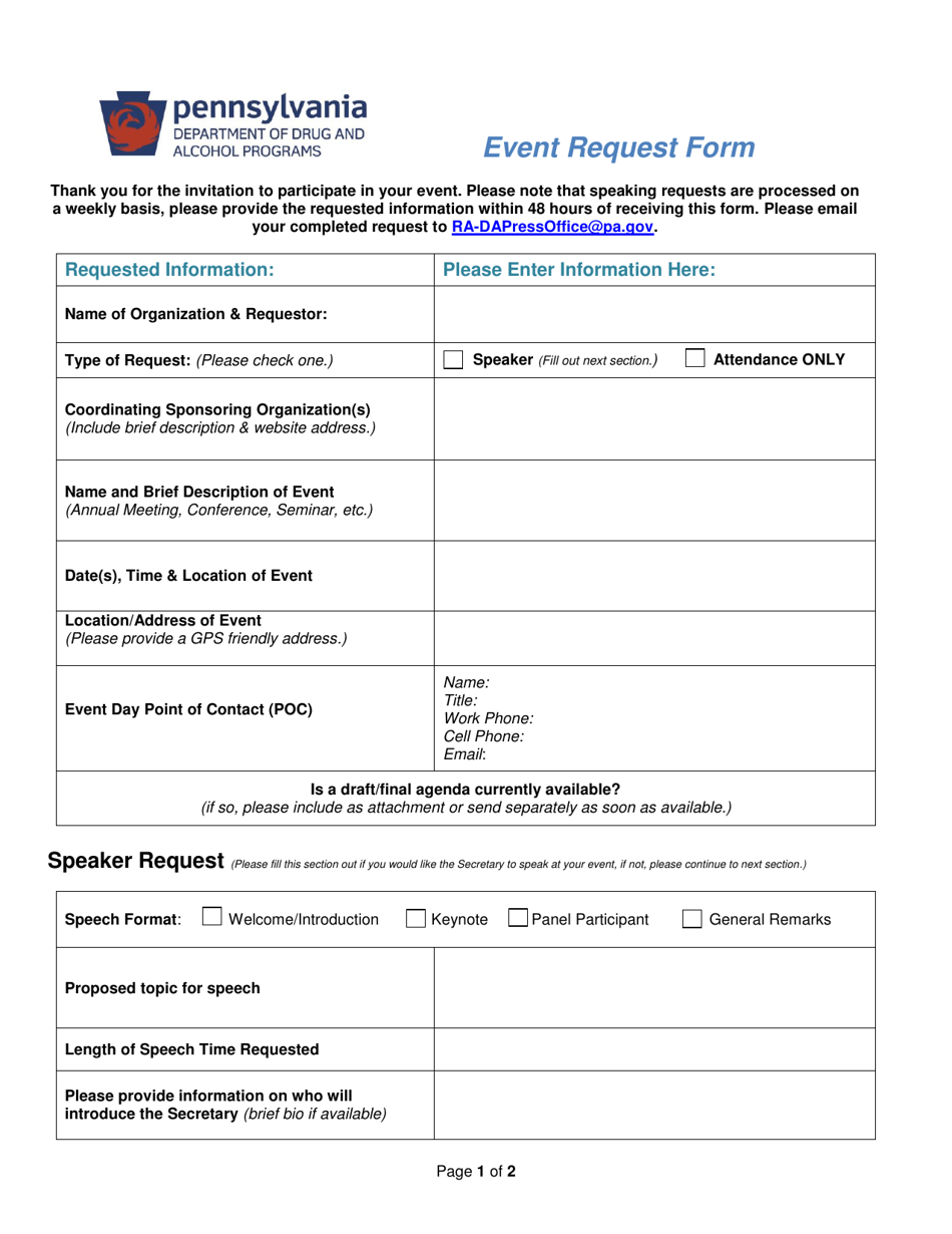 Event Request Form - Pennsylvania, Page 1