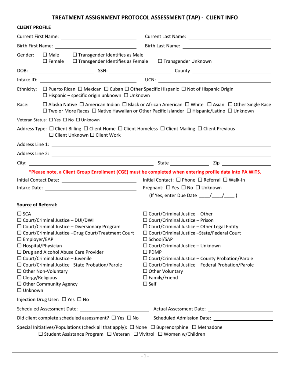 Treatment Assignment Protocol Assessment (Tap) - Client Info - Pennsylvania, Page 1