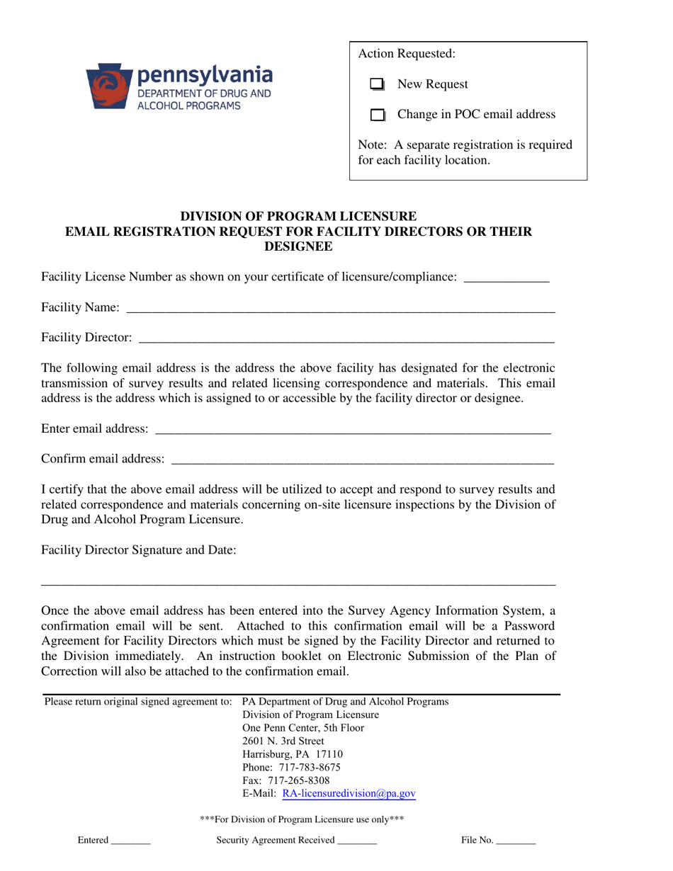 Email Registration Request for Facility Directors or Their Designee - Pennsylvania, Page 1