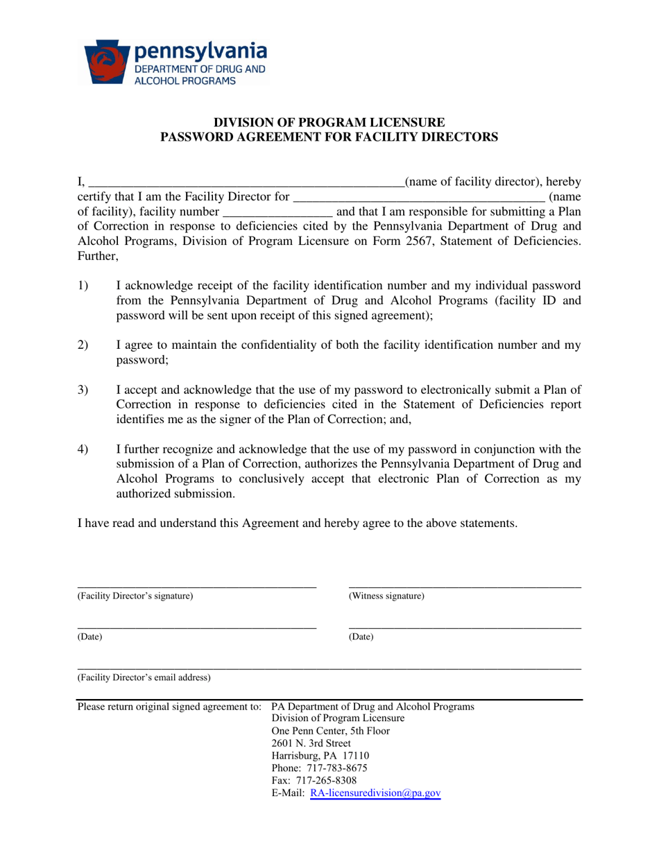Password Agreement for Facility Directors - Pennsylvania, Page 1