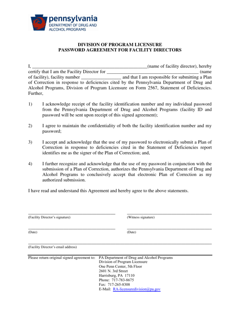 Password Agreement for Facility Directors - Pennsylvania Download Pdf