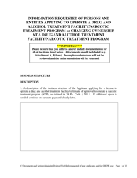 Document preview: Information Requested of Persons and Entities Applying to Operate a Drug and Alcohol Treatment Facility/Narcotic Treatment Program or Changing Ownership at a Drug and Alcohol Treatment Facility/Narcotic Treatment Program - Pennsylvania
