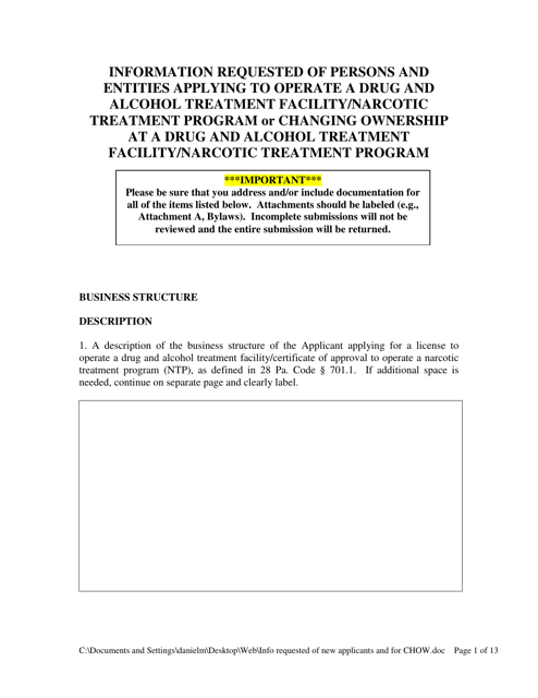 Information Requested of Persons and Entities Applying to Operate a Drug and Alcohol Treatment Facility / Narcotic Treatment Program or Changing Ownership at a Drug and Alcohol Treatment Facility / Narcotic Treatment Program - Pennsylvania Download Pdf